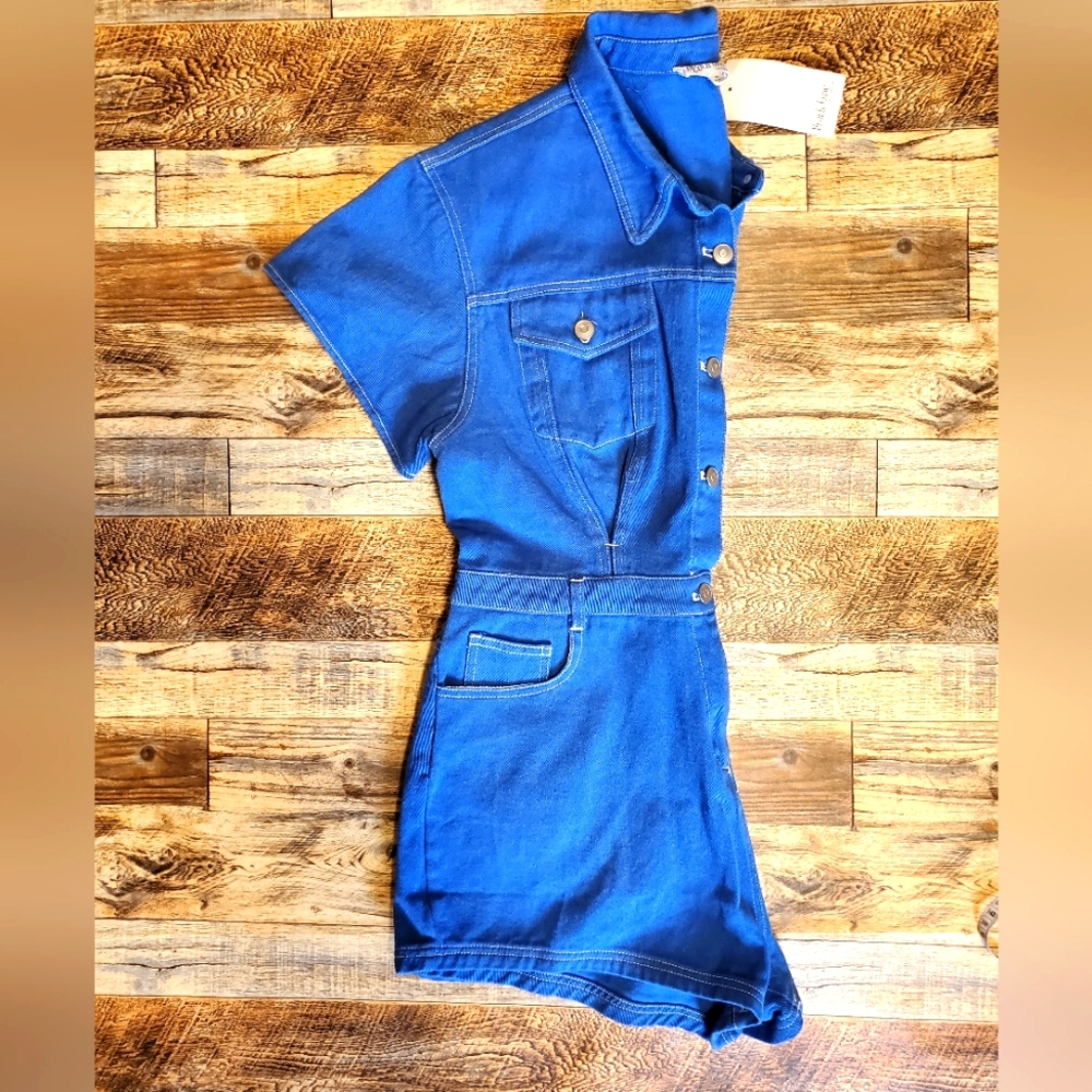 NEW Peach Love California Utility Blue Denim Jean Romper Jumpsuit Shorts Pockets - Picture 11 of 16
